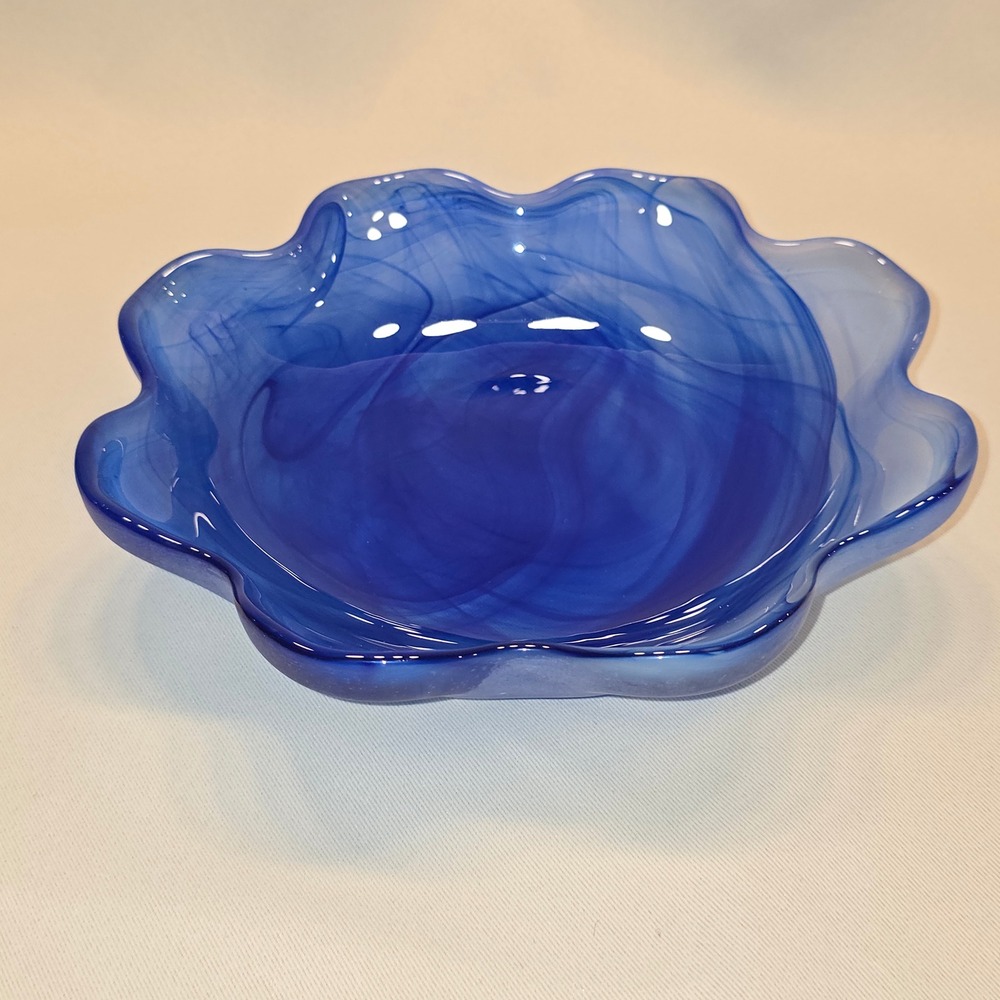 Unbranded Art Glass Bowl Home Decor Blue Excellent Hand Blown Scalloped Swirl - Picture 2 of 4